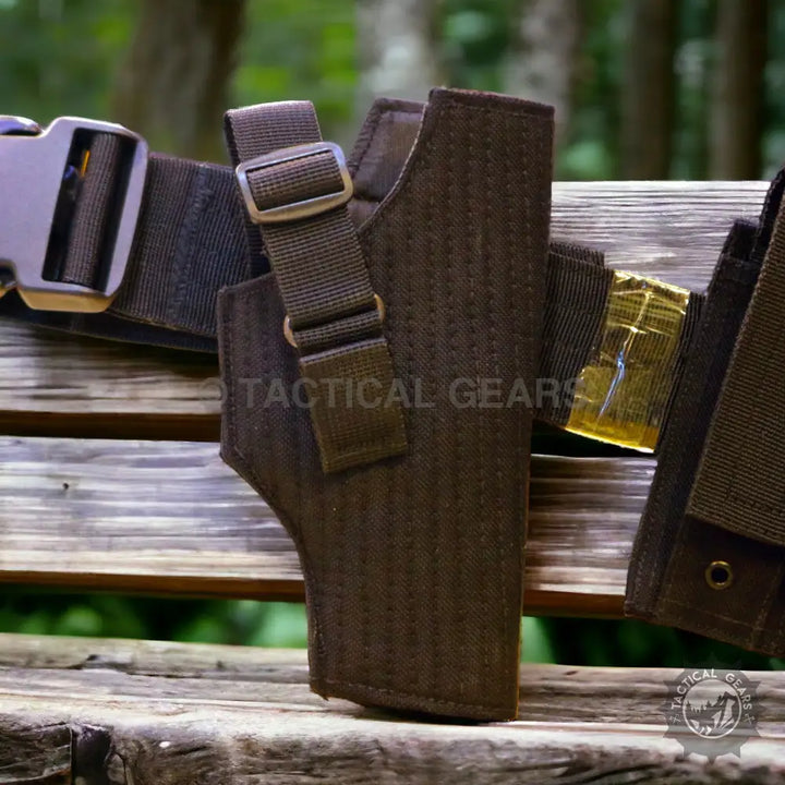 Dark brown universal nylon waist holster with adjustable strap and pouch for tactical use