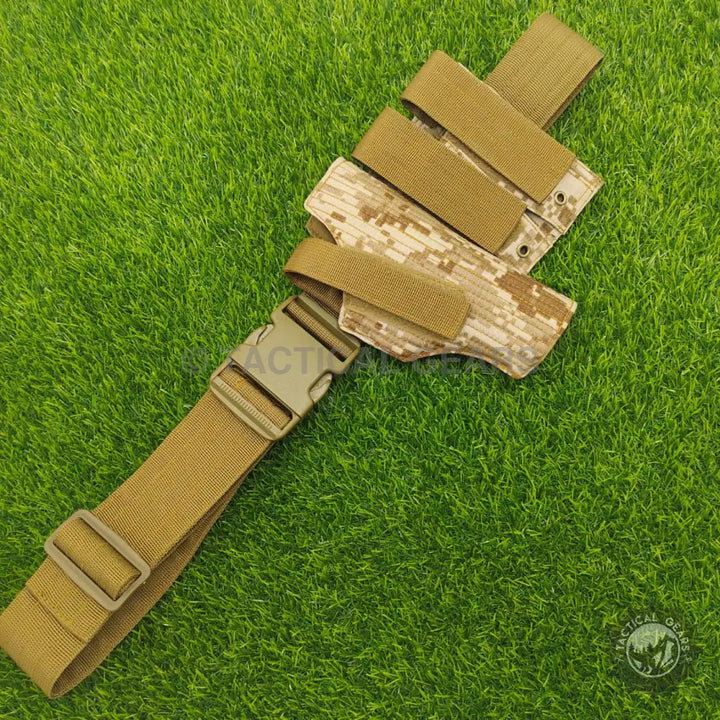 Desert digital camouflage waist holster with tan straps and buckle for tactical gear