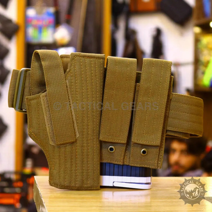 Desert tan tactical waist holster with holster and magazine pouches for concealed carry