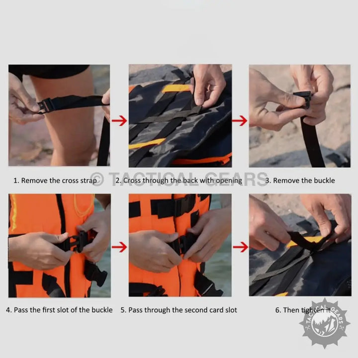 Instructions for securing a Life Saving Jacket for Swimming with quick release buckles and polyester outer shell for water skiing safety