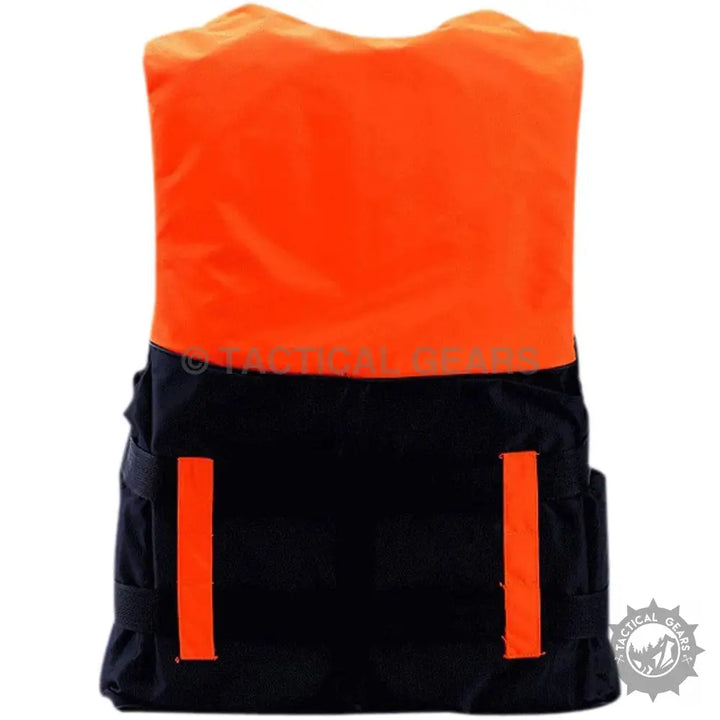 Orange and black life vest with quick release buckles and polyester outer shell for water skiing