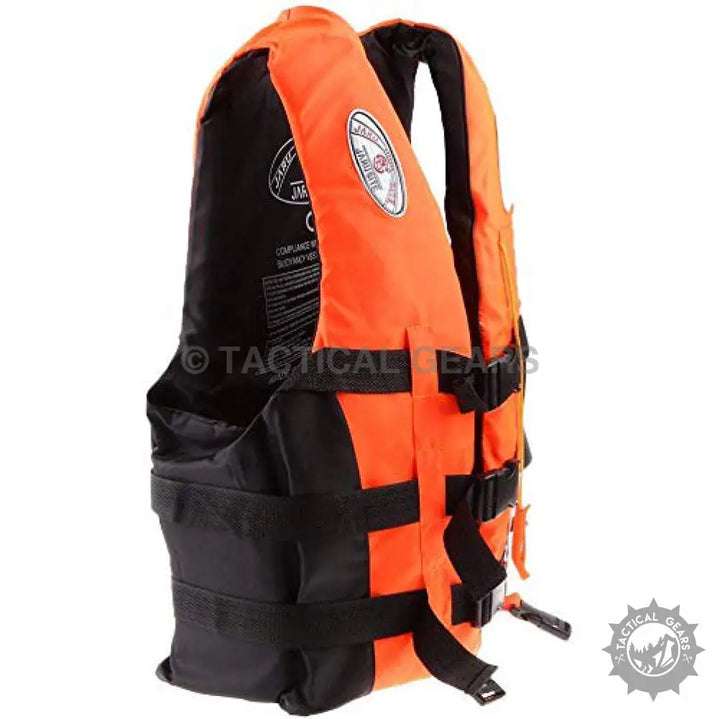 Orange and black water skiing life vest with quick release buckles and polyester shell