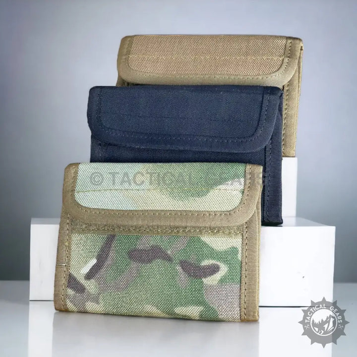Stack of waterproof nylon canvas tactical pouches in tan navy and camouflage colors