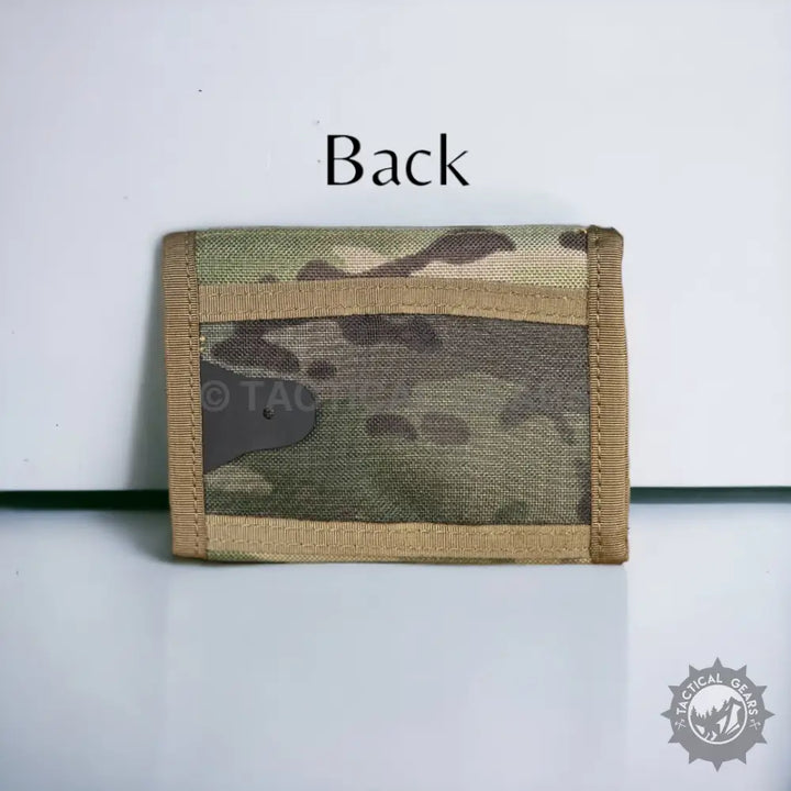 Camouflage-patterned waterproof nylon canvas tactical tri-fold ID wallet with tan trim
