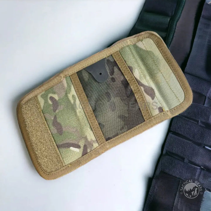 Camouflage tactical pouch with tan border and transparent ID window on waterproof nylon canvas