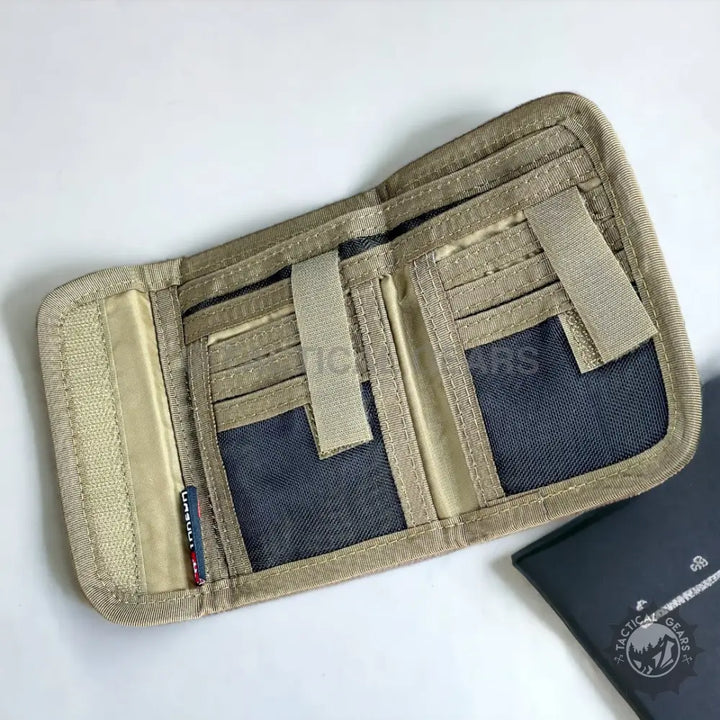 Open tan Waterproof Nylon Canvas Tactical Tri-Fold ID Wallet with multiple card slots
