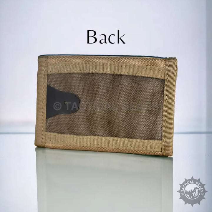 Tan waterproof nylon canvas tactical tri-fold ID wallet with transparent ID window