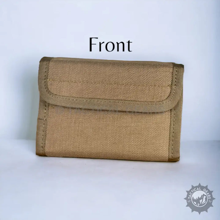 Tan tactical wallet made of waterproof nylon canvas with flap closure for durability