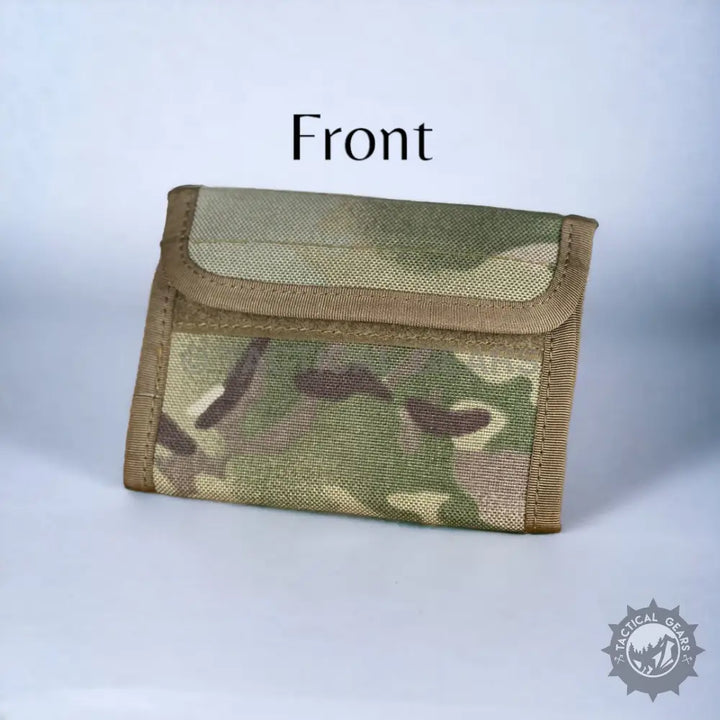 Camo-patterned tactical wallet with hook-and-loop closure made of waterproof nylon canvas