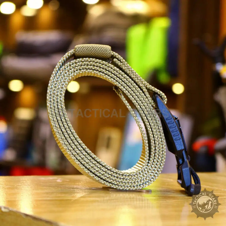 Tanned woven paracord web belt with black quick-release buckle for tactical web use