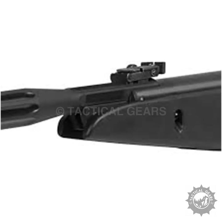 Close-up of a black Gamo Whisper Maxxim IGT air rifle with rear sight for plinking fun