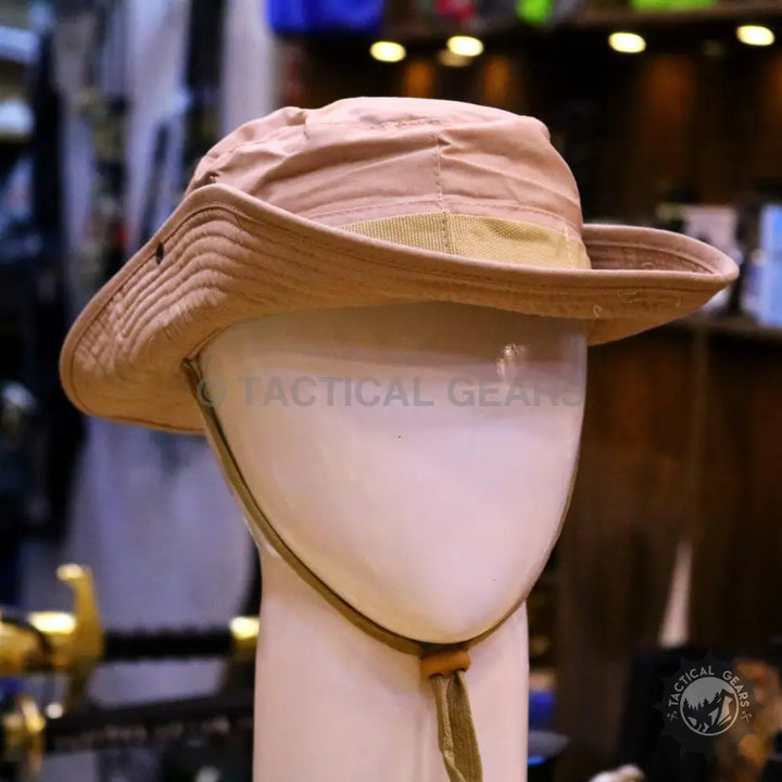 Beige wide-brimmed sun hat with chin cord for summer protection and style