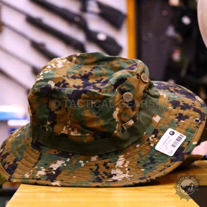 Camouflage boonie hat with digital green, brown, and black pattern for summer hat style