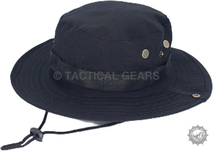 Black wide-brimmed boonie hat with adjustable chin strap and ventilation eyelets for summer wear