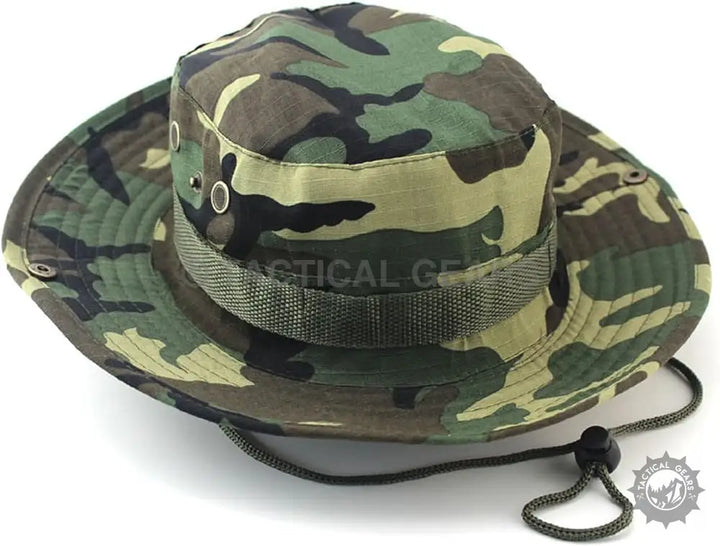 Camouflage boonie hat with chin strap perfect for summer outdoor activities