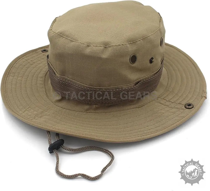 Summer Hat khaki boonie hat with wide brim ventilation eyelets and adjustable chin strap