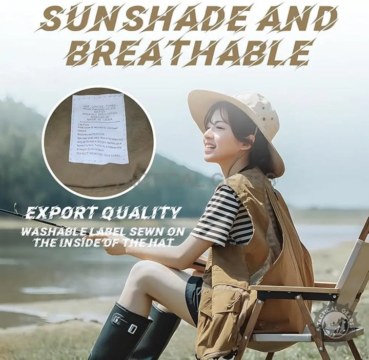 Khaki sunshade and breathable fishing hat with internal care label for summer outdoor activity