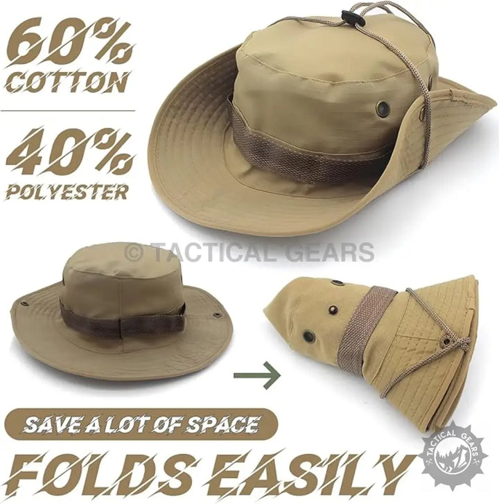 Foldable tan boonie hat made of 60% cotton and 40% polyester for summer outdoor wear