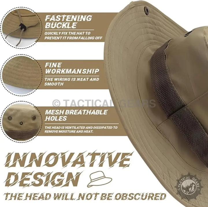 Summer Hat featuring a tan boonie hat with secure fit, breathability, and quality construction