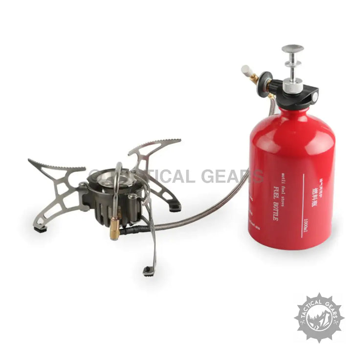 Portable camping stove with resistance features, red fuel bottle, and pump for outdoor cooking