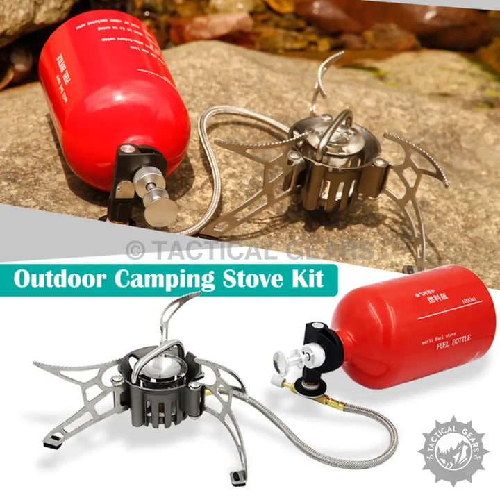 Portable outdoor camping stove kit with fuel bottle showcasing resistance and durability