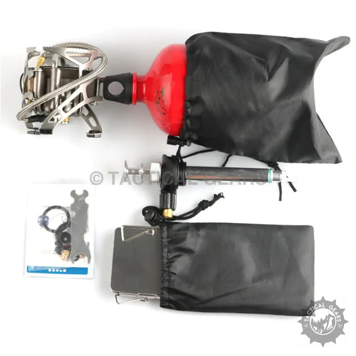 Portable gasoline camping stove with resistance pump fuel bottle and wind screen