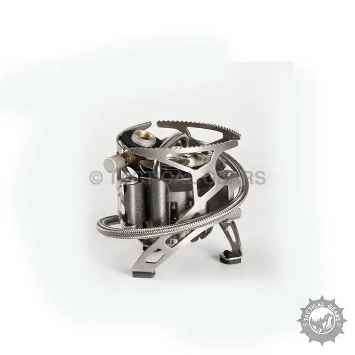 Compact gasoline camping stove with resistance, flexible fuel line, serrated pot supports