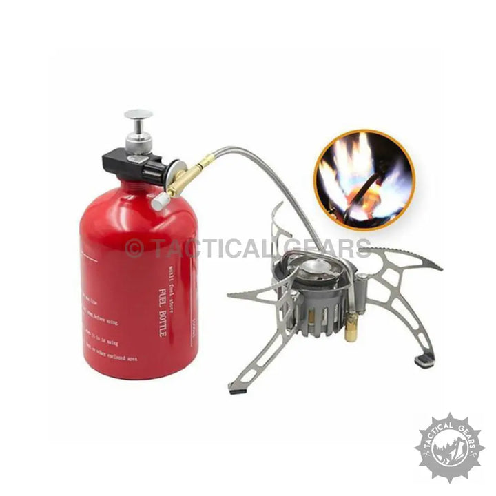 Portable liquid fuel camping stove with external fuel bottle and resistance for reliable cooking