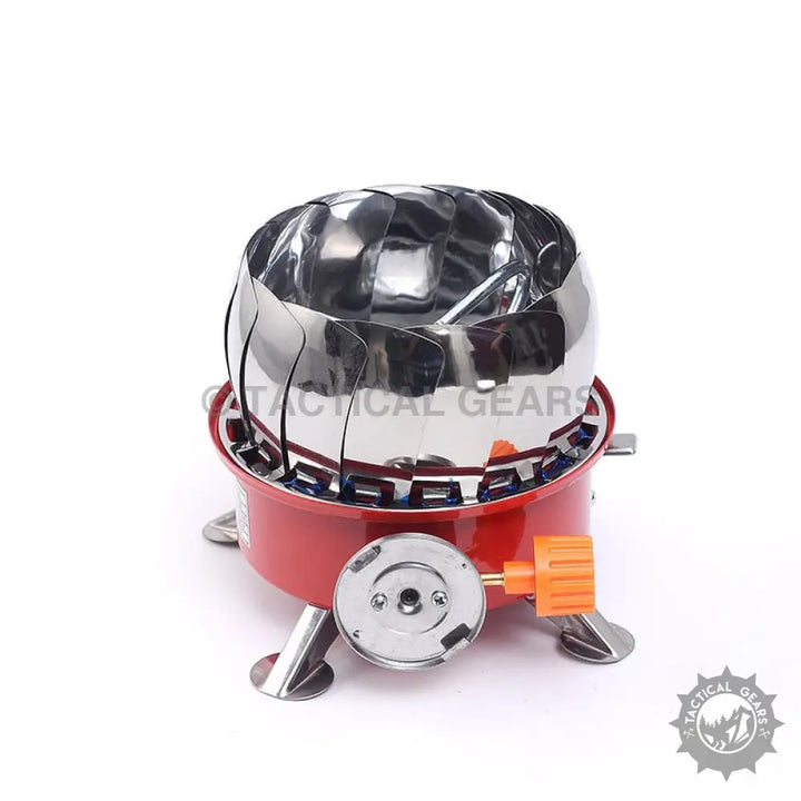 Red and silver Windshield Lotus Camping Stove with wind guard for outdoor cooking