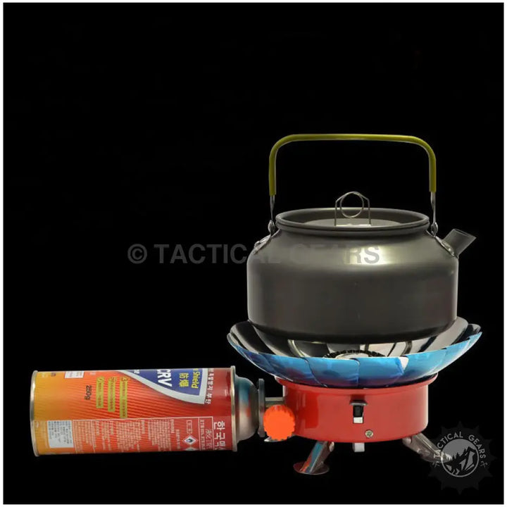 Portable Windshield Lotus Camping Stove with kettle and gas canister for outdoor cooking