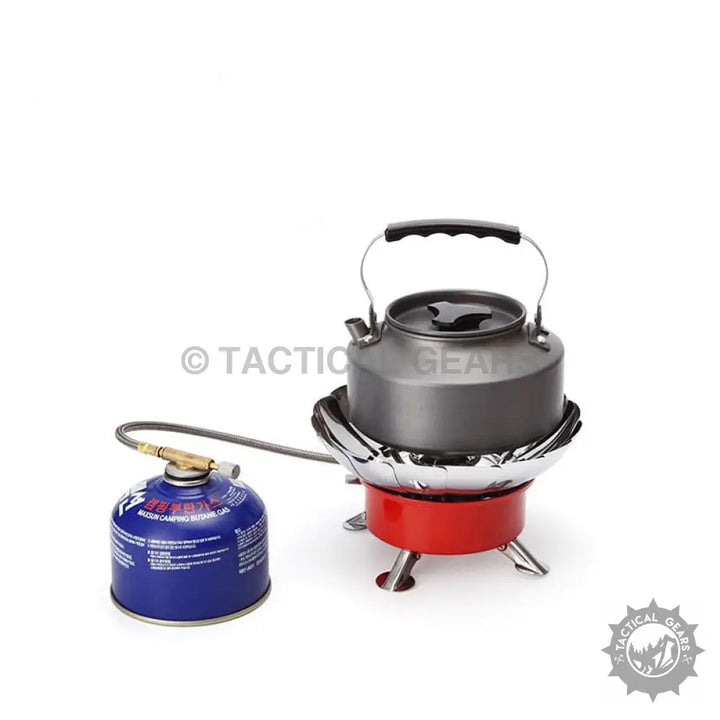 Windshield Lotus Camping Stove with kettle and gas canister for outdoor cooking