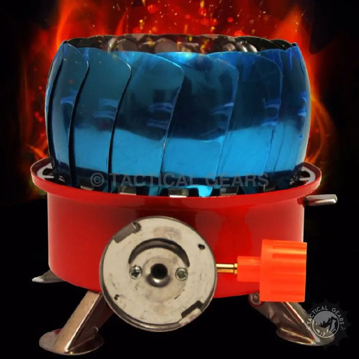 Compact red and blue Windshield Lotus Camping Stove with wind guard for outdoor camping