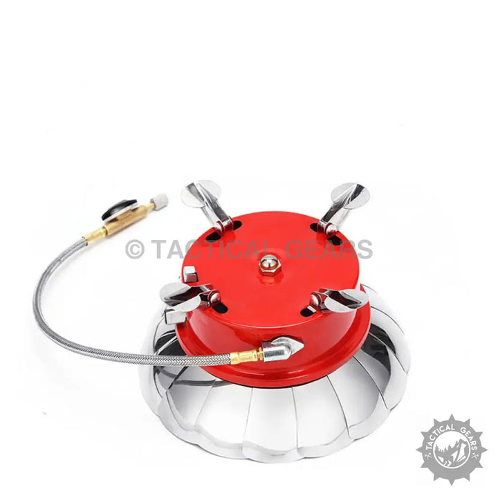 Red and silver Windshield Lotus Camping Stove with flexible fuel line for outdoor cooking