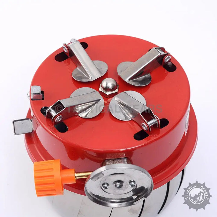 Red Windshield Lotus Camping Stove with four pot supports and orange control knob