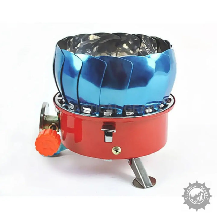 Portable red and blue Windshield Lotus Camping Stove with orange control knob for outdoor cooking