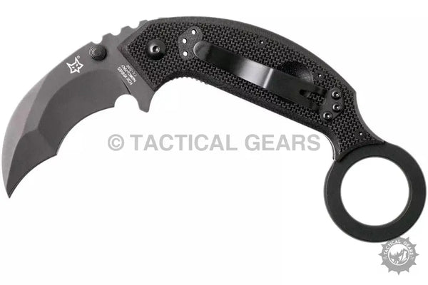 Black folding Karambit knife with textured grip and finger ring, made of stainless steel