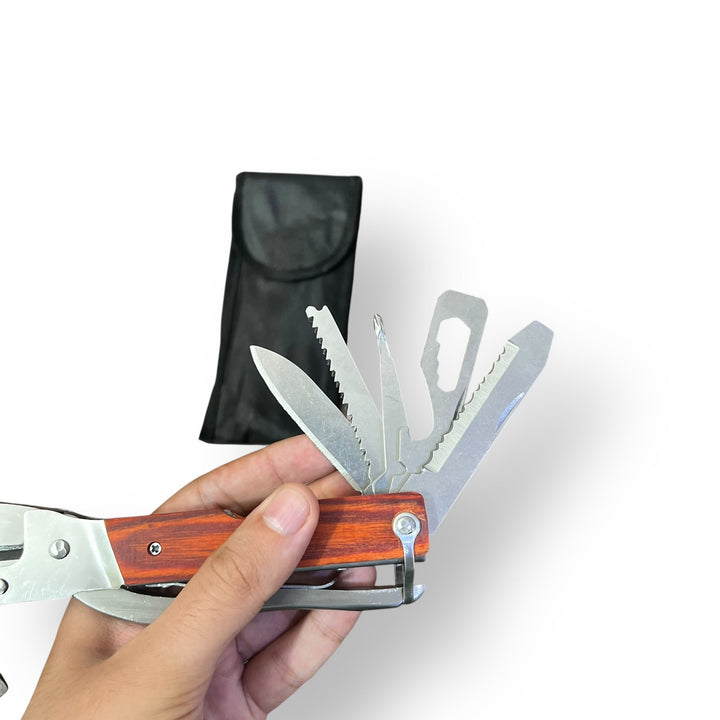Wood handle multi-tool with blades and tools, lot imported multi-tool axe in hand
