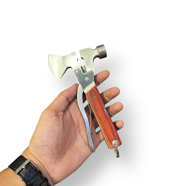Wood Handle Multi-Tool featuring imported multi-tool axe and folding implements