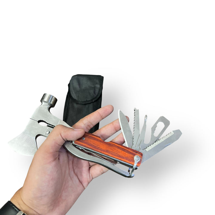 Wood Handle Multi-Tool with blades and axe, imported multi-tool axe, and carrying pouch