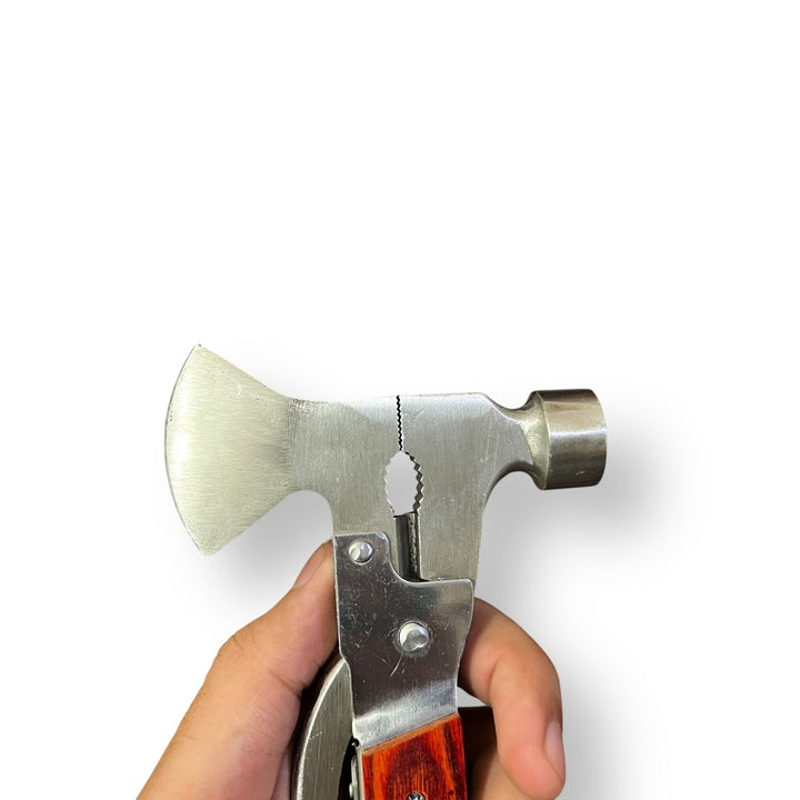 Imported multi-tool axe with wood handle combining axe, hammer, and pliers for versatility