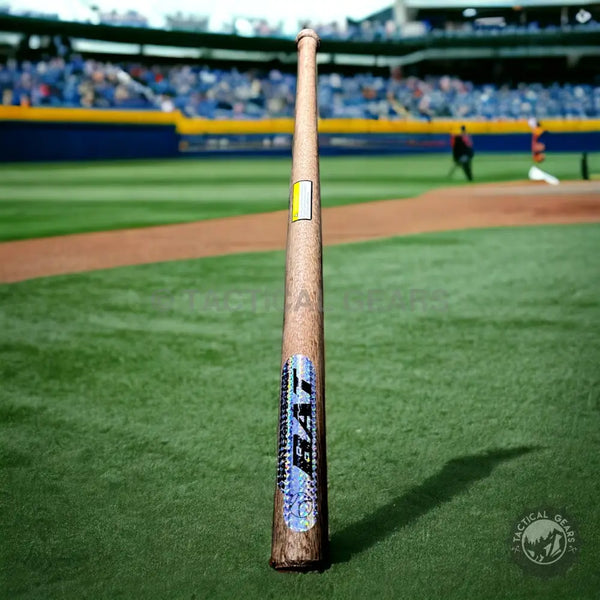 Wooden baseball bat with blue and black label, perfect for baseball games