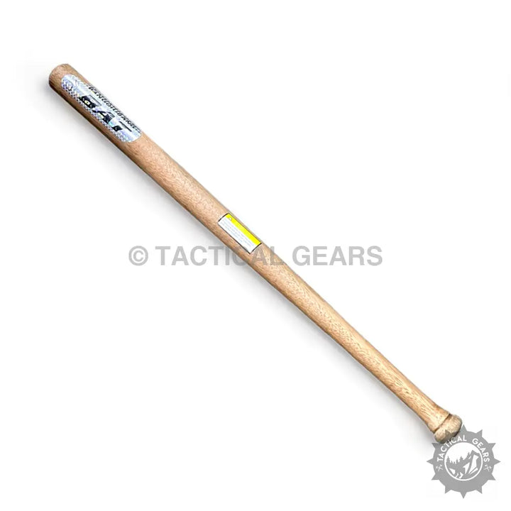 Light-colored wooden baseball bat with white and yellow label for professional gameplay