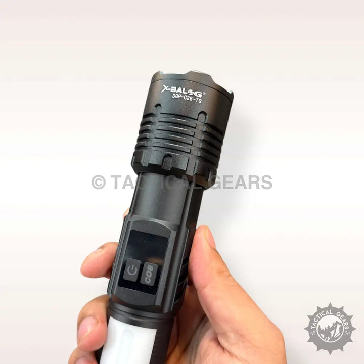 Black tactical X-Balong PM10 USB Flashlight with side-mounted power and COB light buttons