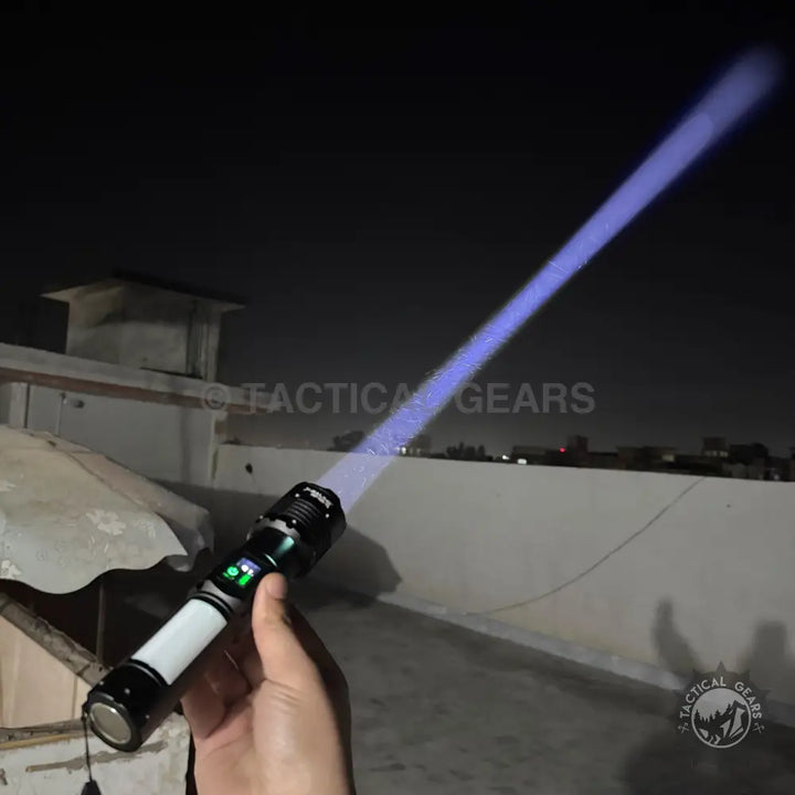 Powerful X-Balong PM10 USB Flashlight emitting a strong blue beam for bright illumination