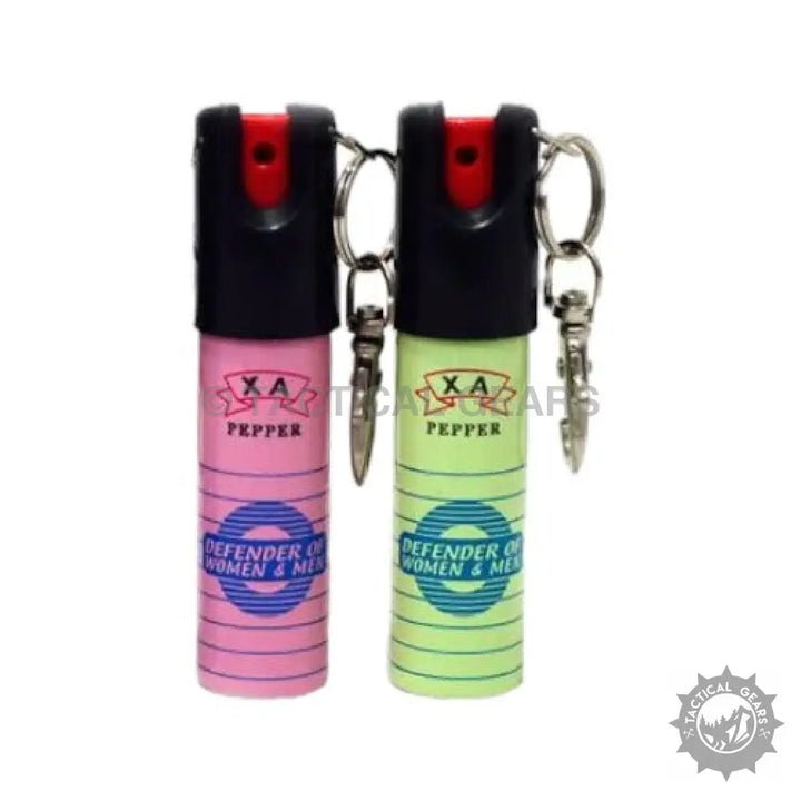 Pink and light green keychain pepper spray canisters from XA Self-defense Pepper Spray