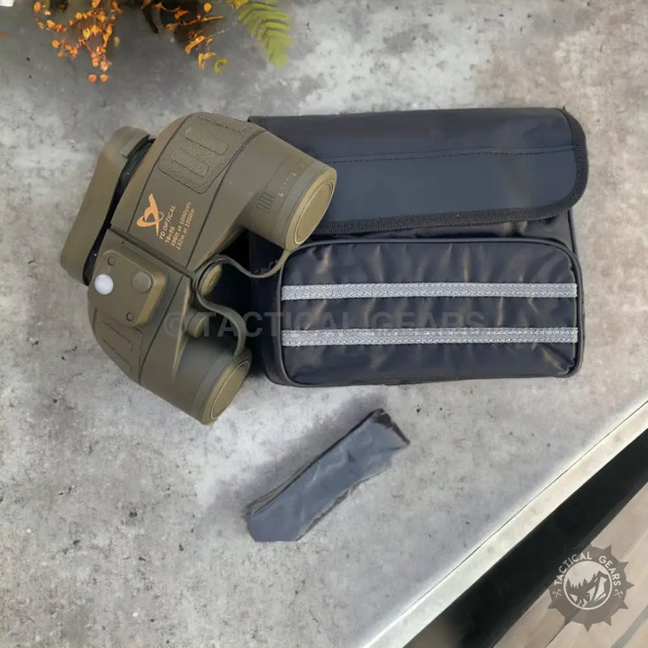 Olive green hunting binoculars with black carrying case and gray accessory for YD Optical 10x50 model