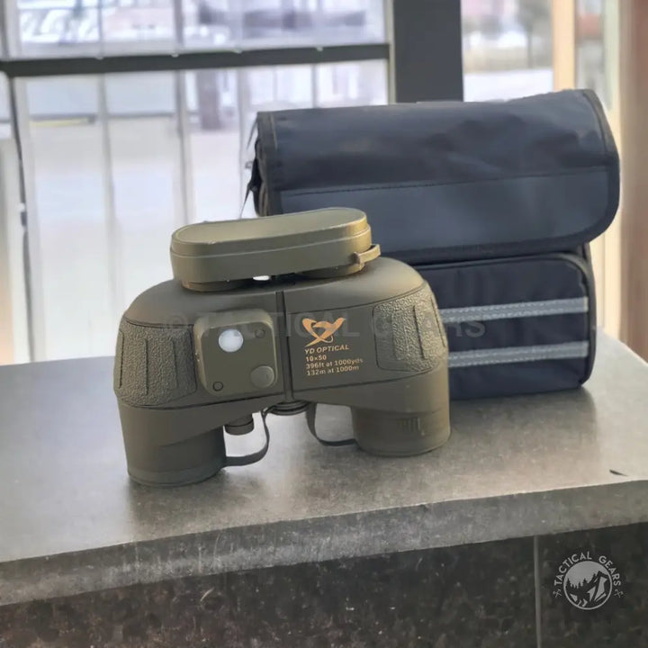 Olive green hunting binoculars with mounted rangefinder for outdoor adventures
