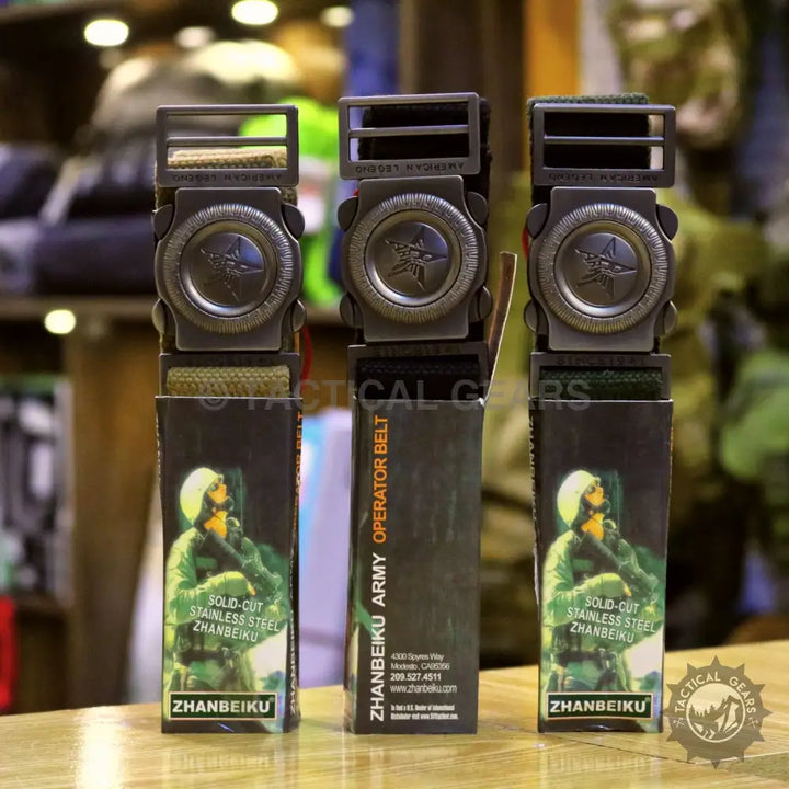 Zhanbeiku Operator Belt featuring three tactical belts with unique star-shaped buckles