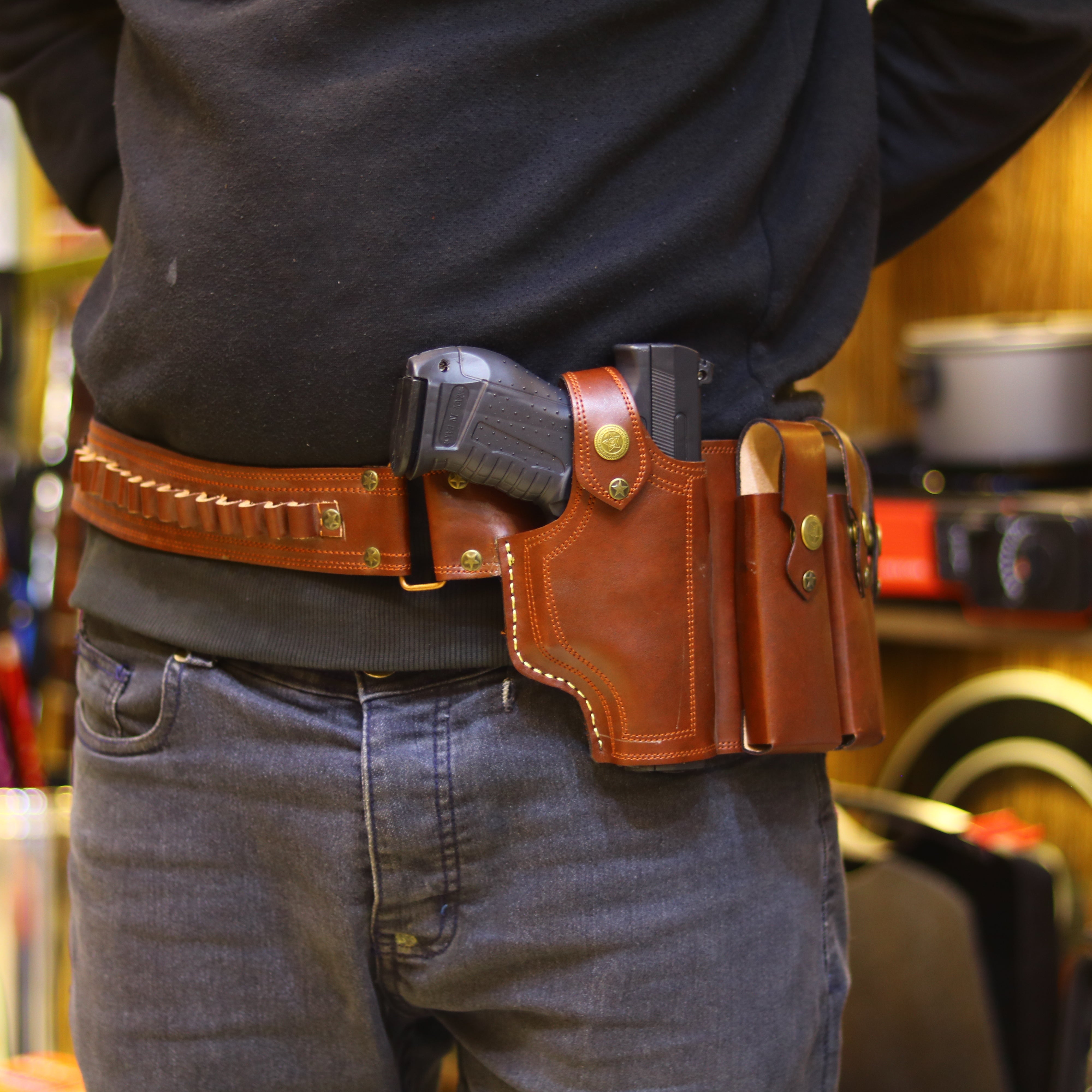 Universal Waist Holster With 3 Mag Pouches, Ammo Belt Brown ...