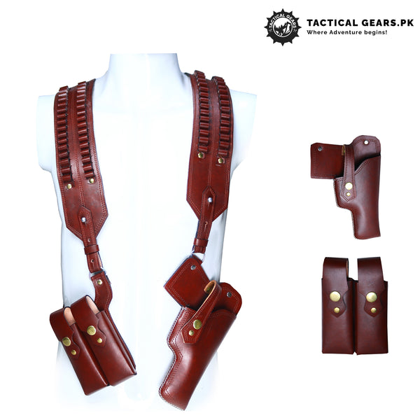 Universal Shoulder Holster with Bullets belt Leather Brown